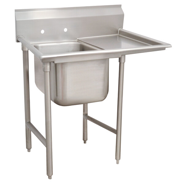 A stainless steel Advance Tabco one compartment pot sink with a right drainboard.