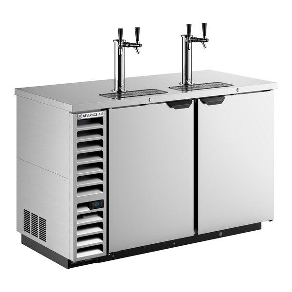 A stainless steel double tap kegerator beer dispenser with a left side compressor and two doors.