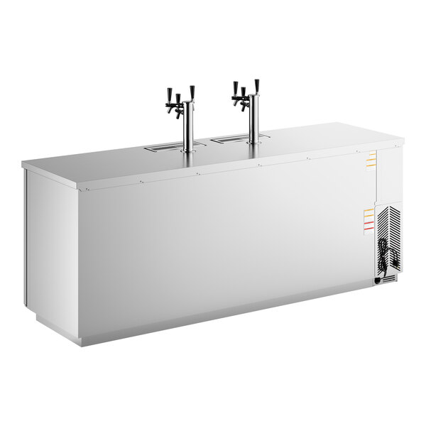 A stainless steel triple tap kegerator beer dispenser with a left side compressor and capacity for five half kegs.