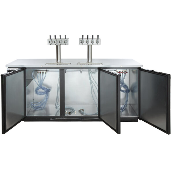 A black metal Beverage-Air beer dispenser with four taps and a door open.