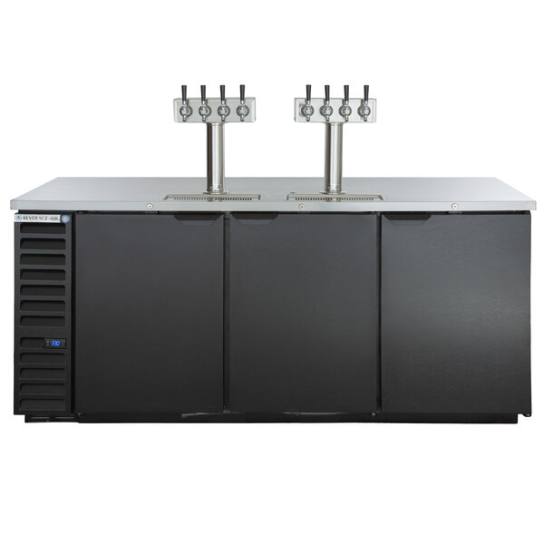 A black Beverage-Air kegerator with four beer taps on it.