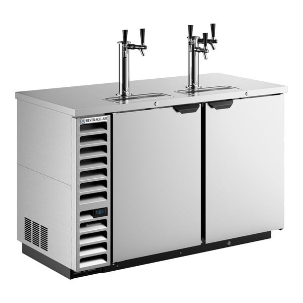 A stainless steel kegerator beer dispenser with two doors, one double tap, one triple tap, and a left side compressor.