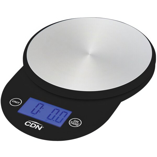 A black and silver CDN digital portion scale with a round top and display.