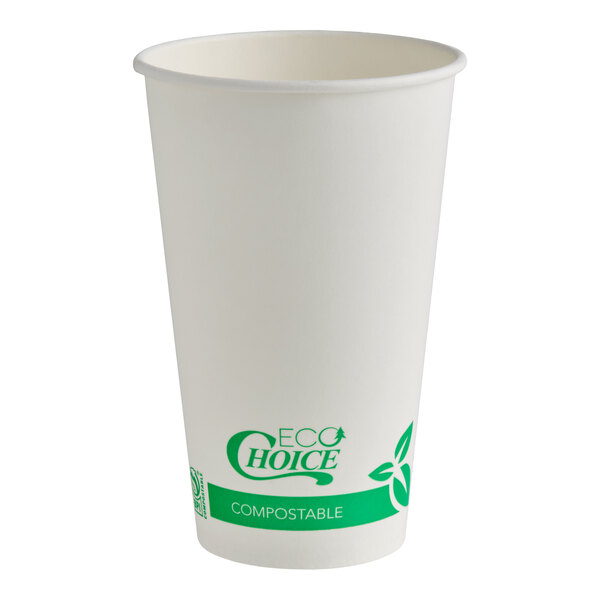 A white paper cup with green eco-friendly labeling and a compostable symbol near the bottom.