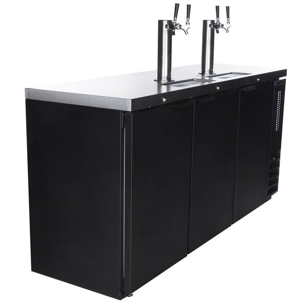 A black Beverage-Air beer dispenser with two taps on a counter.