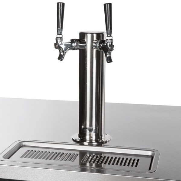 A Beverage-Air black beer dispenser with a stainless steel double and triple tap on a counter.