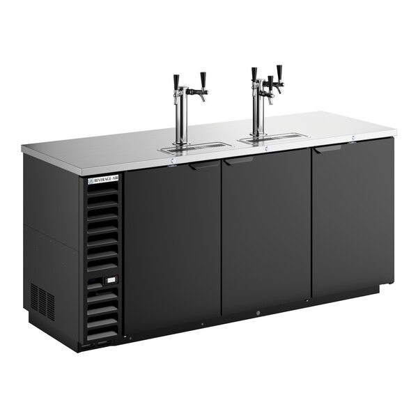A commercial black kegerator beer dispenser with three doors and two sets of taps, designed for dispensing draft beer.