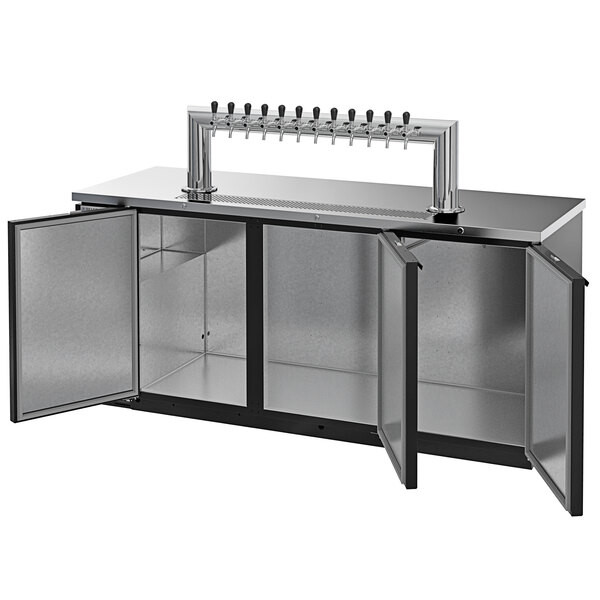 A Beverage-Air beer dispenser with four taps on a stainless steel bar.