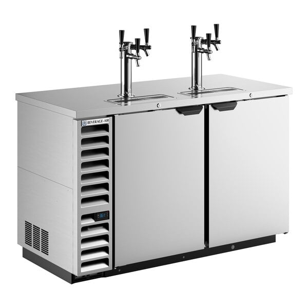 A stainless steel triple tap kegerator beer dispenser with a left side compressor and two doors.