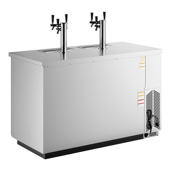 A stainless steel triple tap kegerator beer dispenser with a left side compressor and capacity for three half kegs.