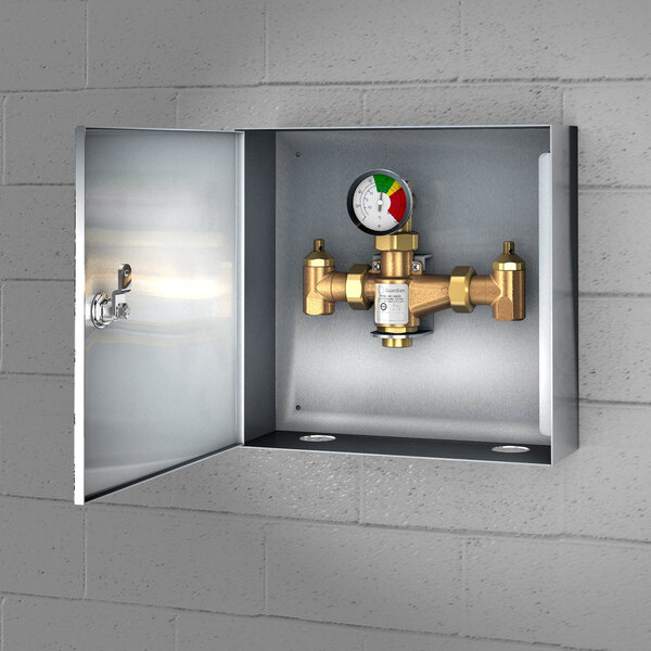 A stainless steel Guardian Equipment thermostatic mixing valve in a metal box with a gauge.