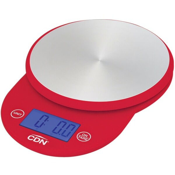 A red and silver CDN digital kitchen scale with a digital display.