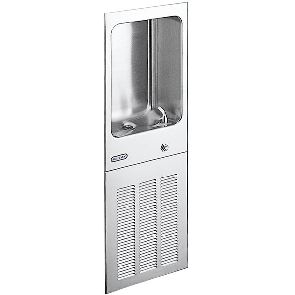 An Elkay stainless steel recessed wall mount chilled water fountain with a vent.