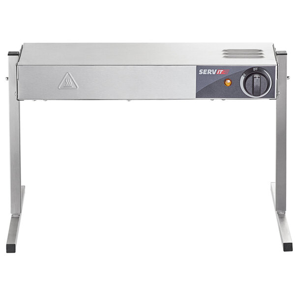 A silver rectangular ServIt strip warmer with round and black knobs on a counter.