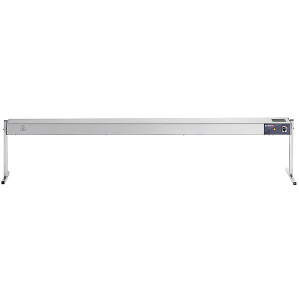 A stainless steel rectangular strip warmer with on/off toggle controls.