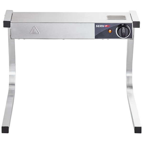 A stainless steel ServIt strip warmer with a metal base and a knob on a counter.