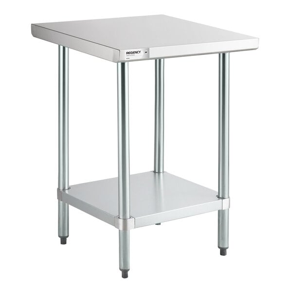 A square stainless steel work table with four metal legs and an undershelf.