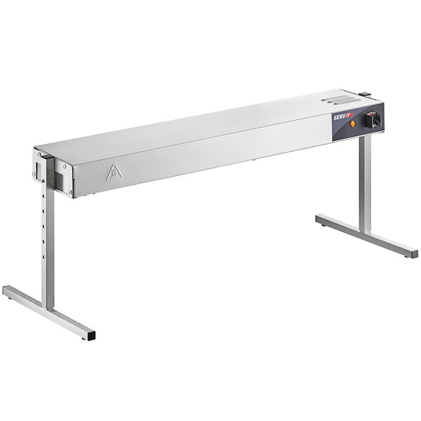 A silver ServIt strip warmer with rectangular legs.