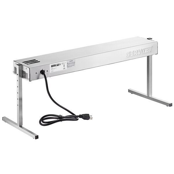 A silver rectangular ServIt strip warmer with a black cord.