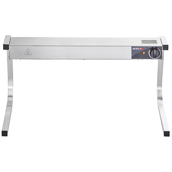 A silver rectangular ServIt strip warmer with adjustable controls on a white counter.