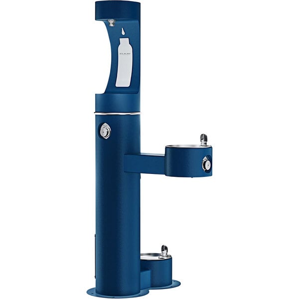 An Elkay blue outdoor water bottle filling station with a water dispenser.