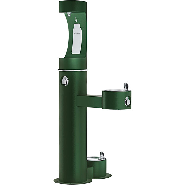 An Elkay green outdoor water fountain with two taps on a pedestal.