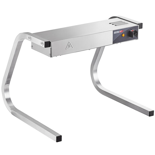 A silver rectangular ServIt strip warmer with a black and silver handle on a table.