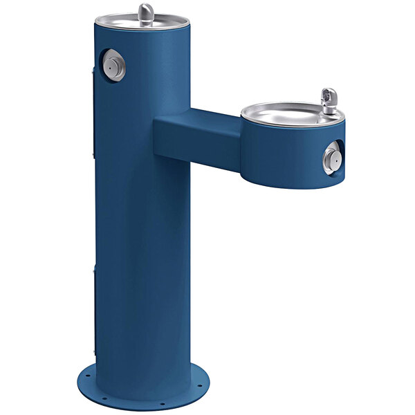 a blue drinking fountain with a silver handle