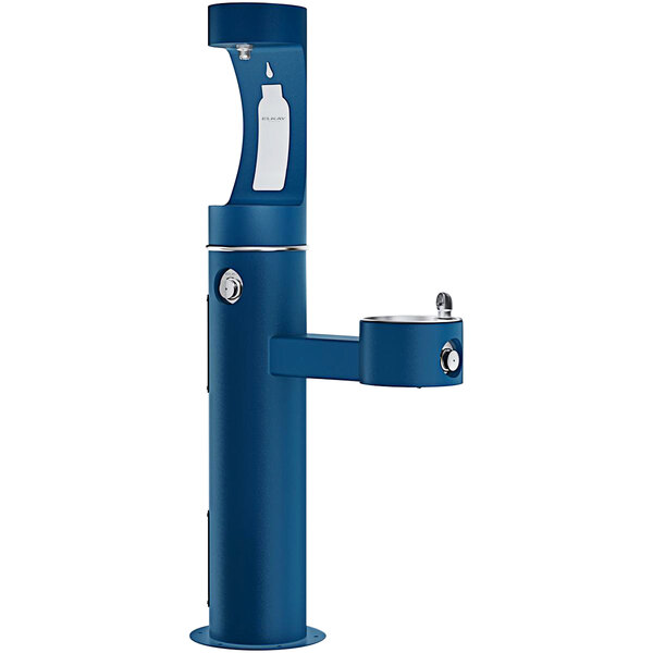 An Elkay blue outdoor water fountain with a water dispenser.