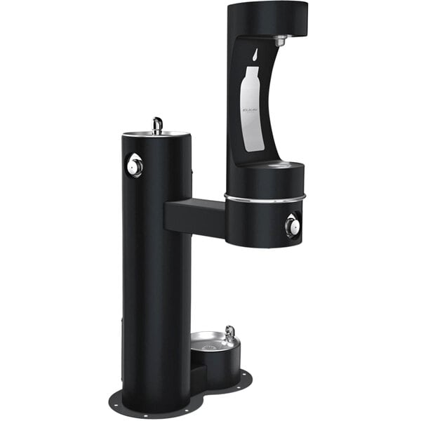 An Elkay black water fountain with a silver stand and lid.
