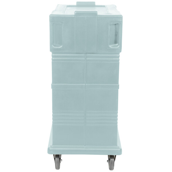 A slate blue Cambro Ultra Camcart for food pans on wheels.