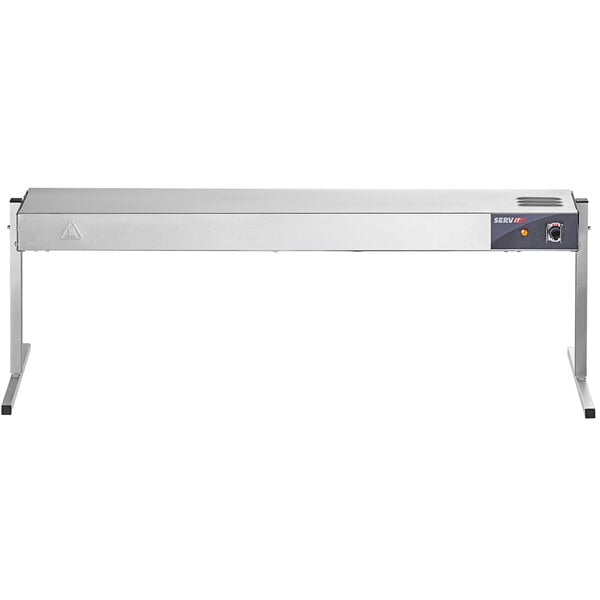 A silver stainless steel ServIt strip warmer on a metal shelf above a counter.