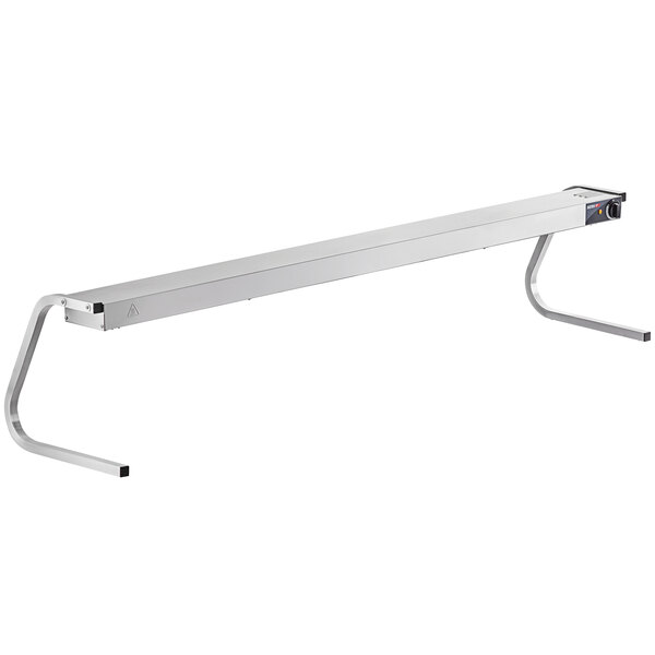 A long white metal strip warmer with "C" style legs.