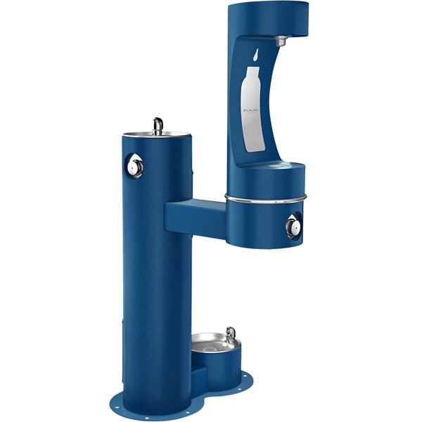An Elkay blue outdoor bi-level water fountain with a white base.