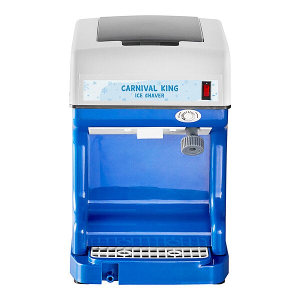 A blue and white Carnival King ice shaver with a lid.