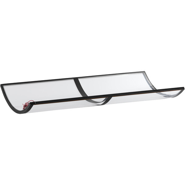 A clear glass shelf with black trim.