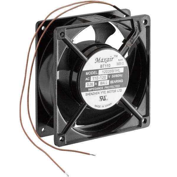 a black fan with a white label