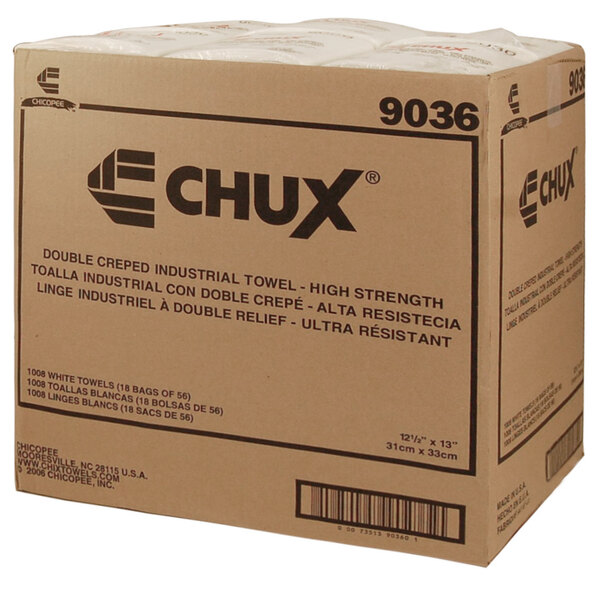 A white box with the Chux logo and a bar code containing 1008 Chux DRC white industrial towels.