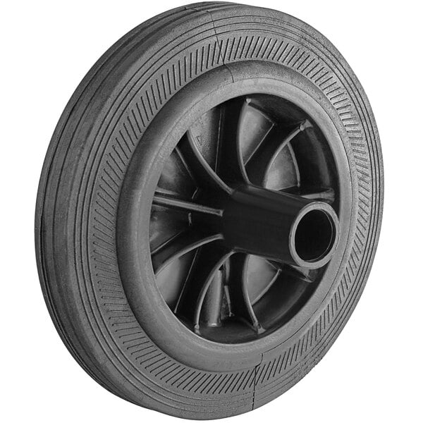 A black wheel with a black rubber rim.