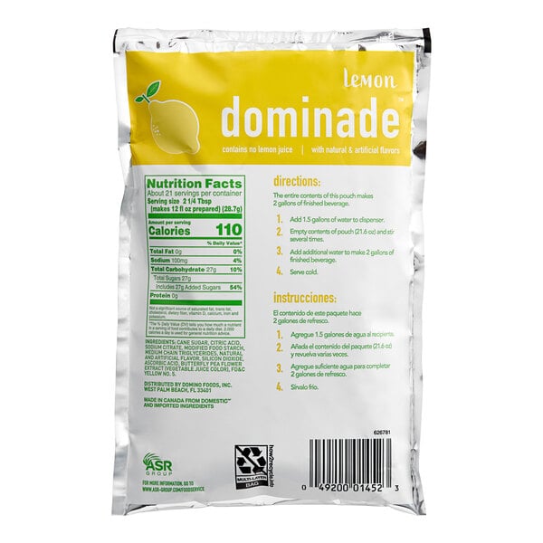 A white bag of DominAde Lemon Drink Mix with green and yellow text and a lemon.
