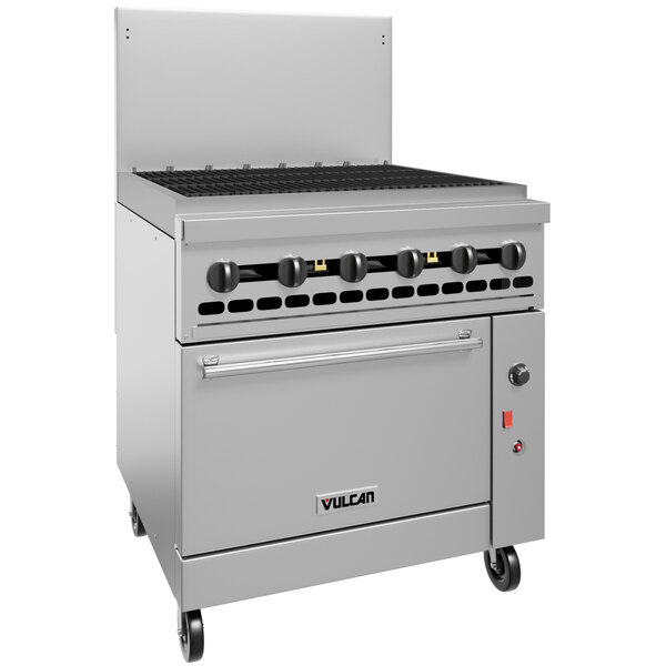 A large stainless steel Vulcan gas range with a convection oven base.
