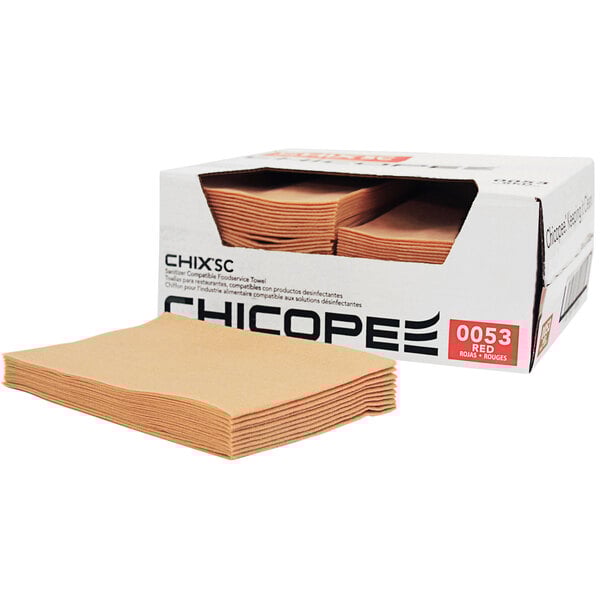 A box of brown paper sheets with white packaging for Chicopee Chix medium-duty foodservice towels.