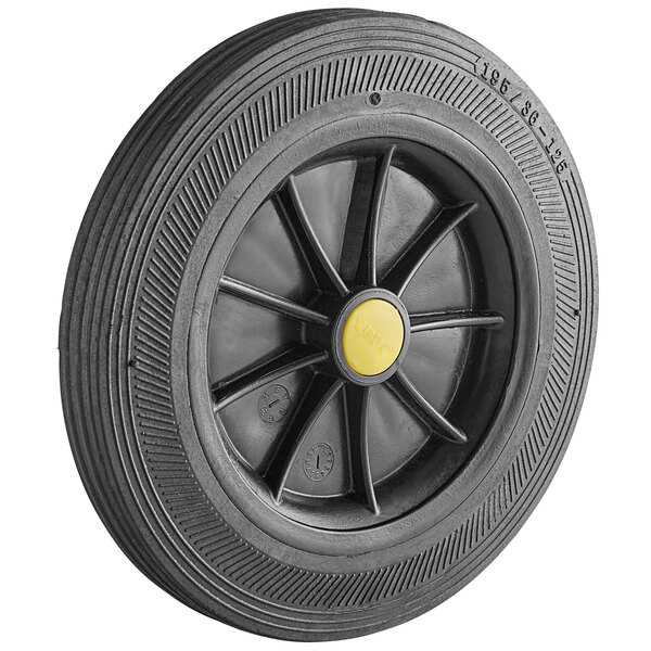 A black tire with a yellow center for a Lavex rectangular rollout trash can.