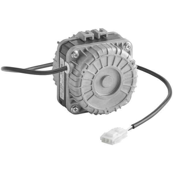 An Avantco commercial refrigeration fan motor with black and white wires.