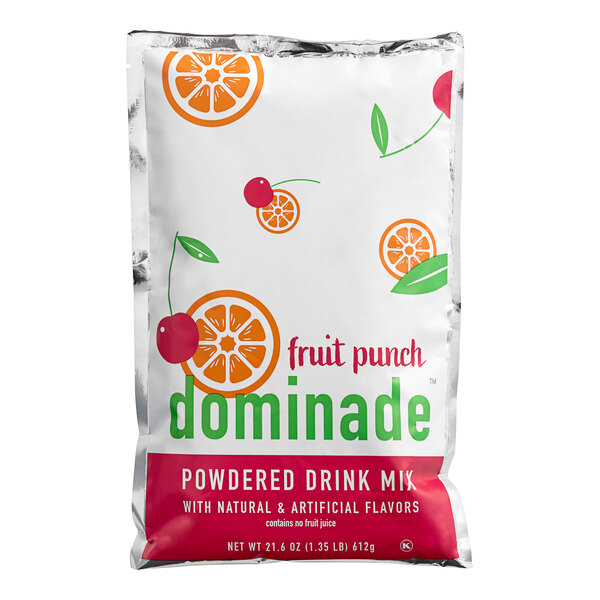 A white bag of DominAde fruit punch drink mix with oranges and green text.