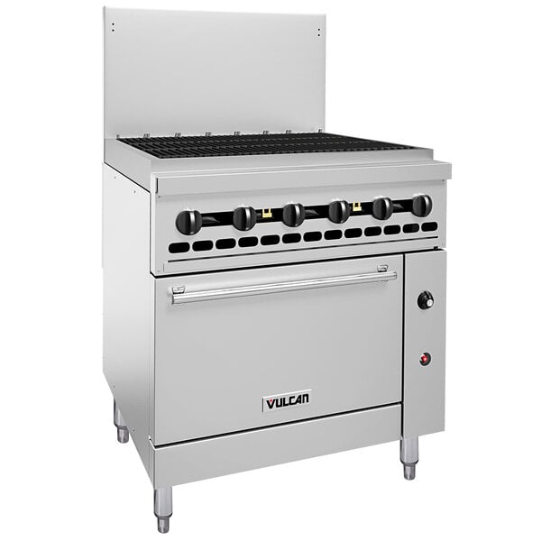 A large stainless steel Vulcan gas range with black knobs and a standard oven base.