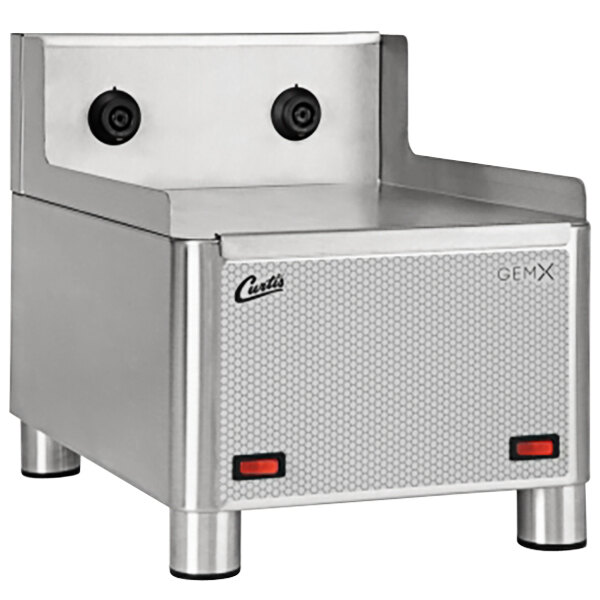 A Curtis stainless steel coffee warmer base with twin burners and two knobs.