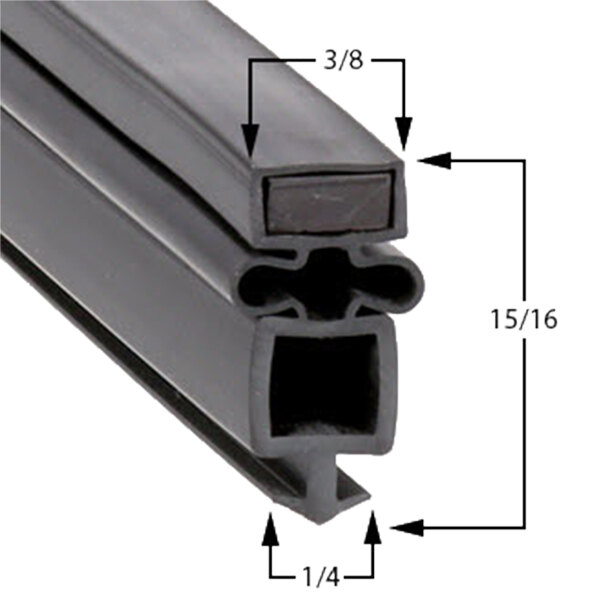 A close-up of a black rubber True 810814 equivalent magnetic door gasket.