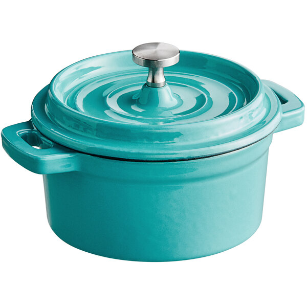 Aqua Sky Valor enameled cast iron mini pot with cover.