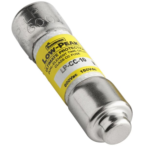 A close-up of a yellow and silver Avantco fuse with red and black labels.